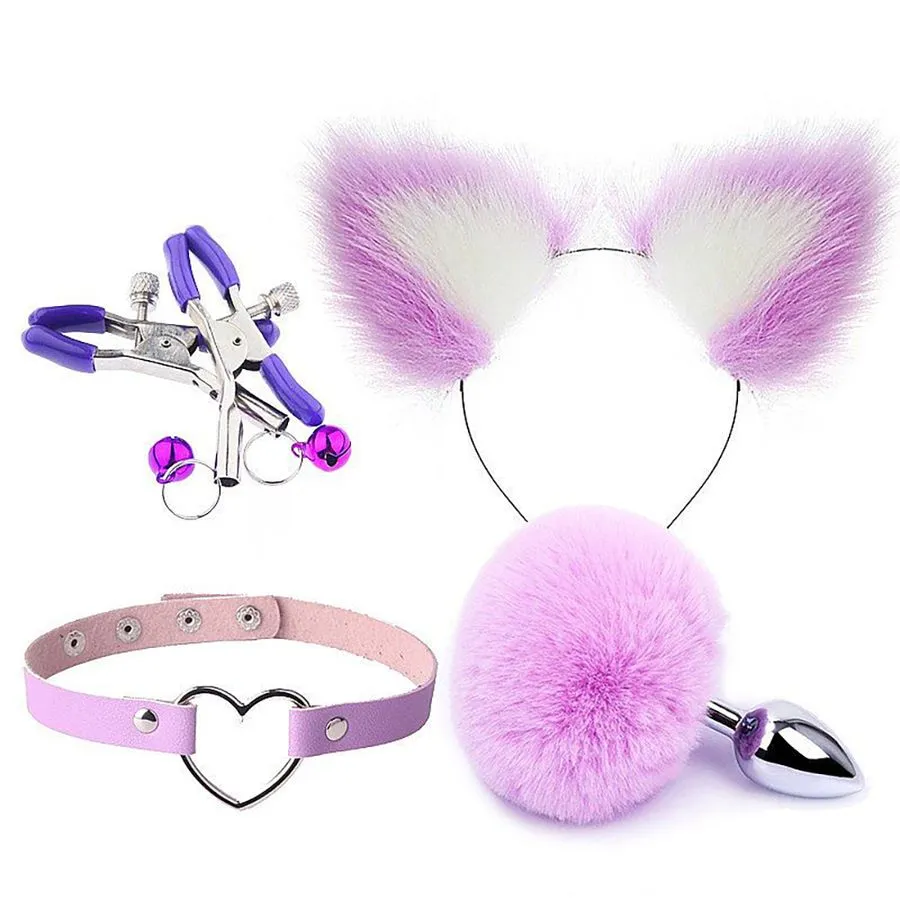 Kit Plug Anal Rabo de Coelho, Tiara de Orelha, Grampos para Mamilos e Gargantilha